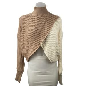 Express Brown Cream Colorblock Turtleneck Long Sleeve Crop Wrap Sweater Top Sz S